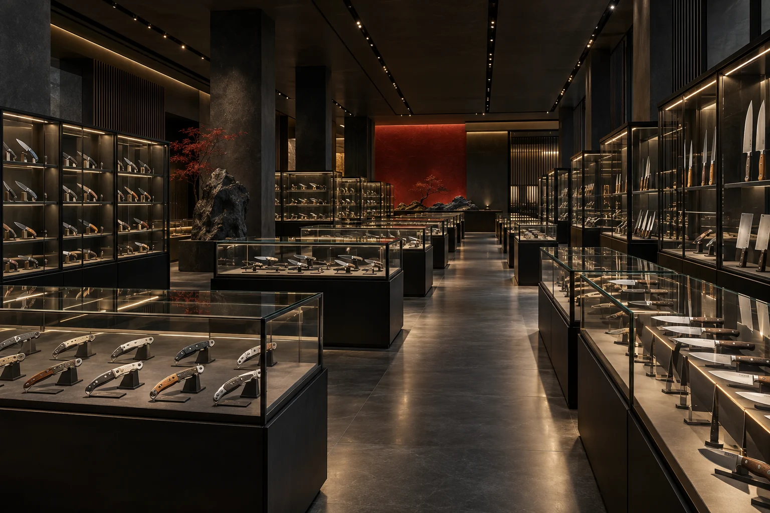 Showroom di coltelli con vetrine in vetro — illustrazione